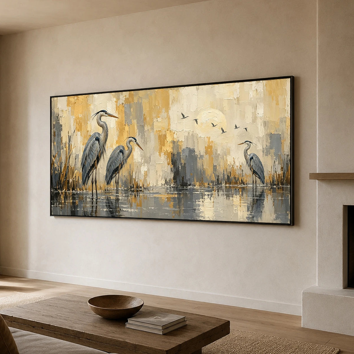 Expressive Contemporary Art｜Herons in Golden Stillness