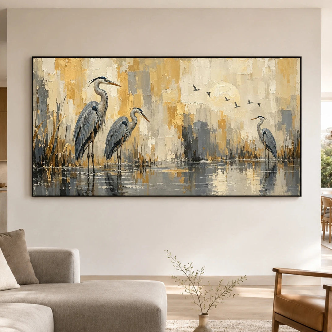 Expressive Contemporary Art｜Herons in Golden Stillness