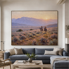 Western Landscapes Art｜Riders Across the Desert Valley at Golden Hour