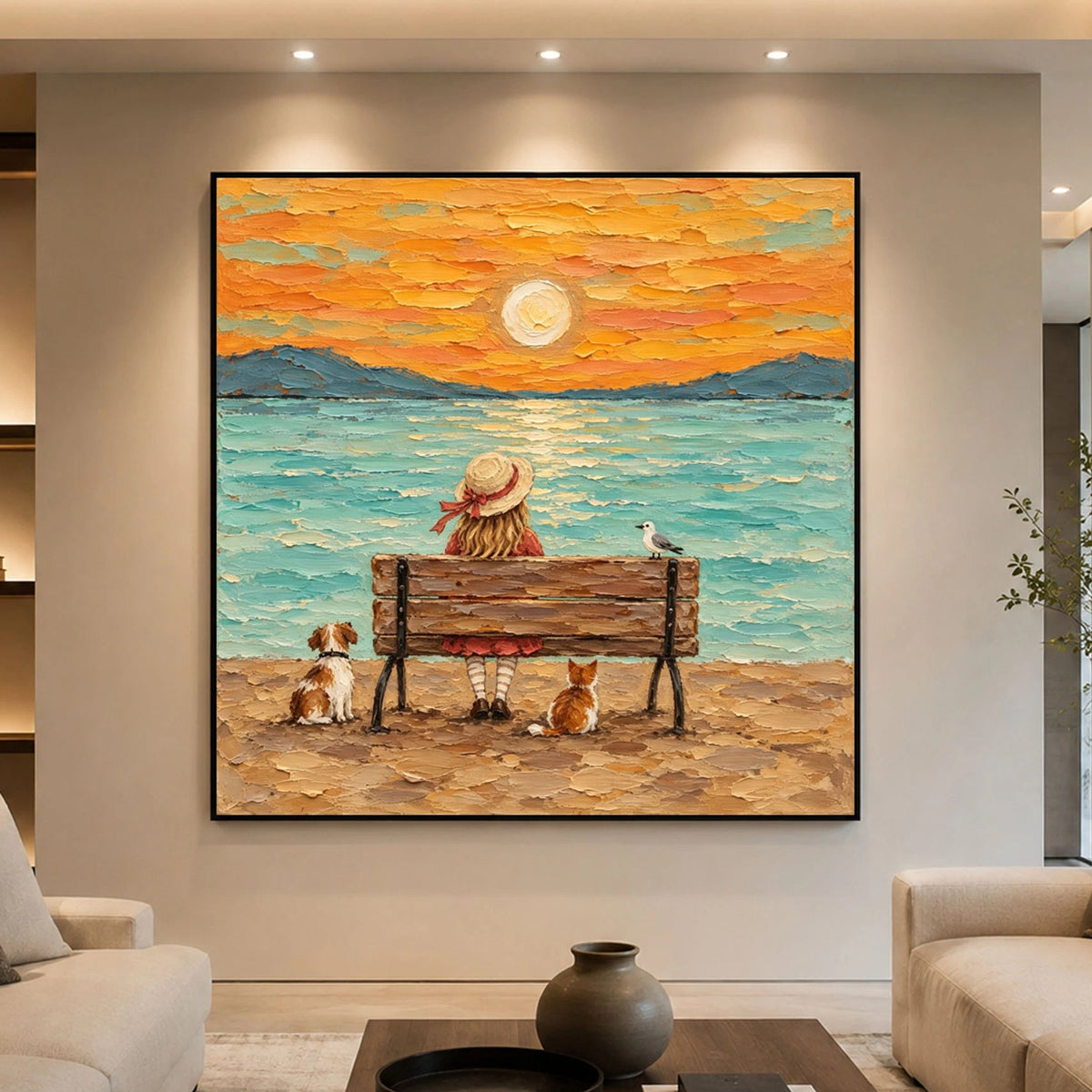 Modern Folk Art｜Sunset by the Sea with Animal Friends