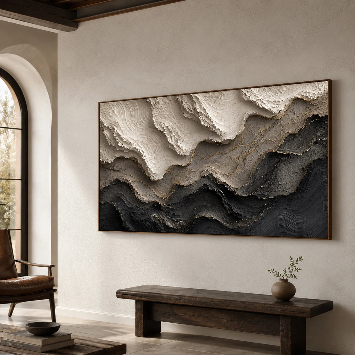 Textured & Impasto Art｜Gilded Charcoal Tides