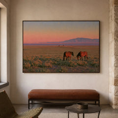 Western Landscapes Art｜Wild Horses at Sunset Over the Desert Plains