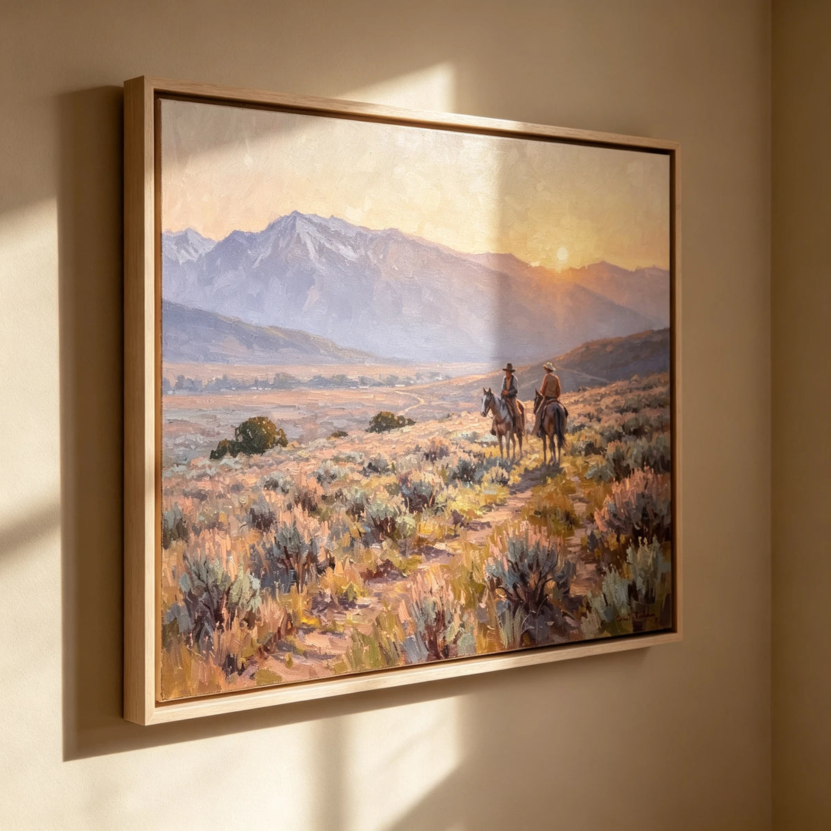 Western Landscapes Art｜Riders Across the Desert Valley at Golden Hour