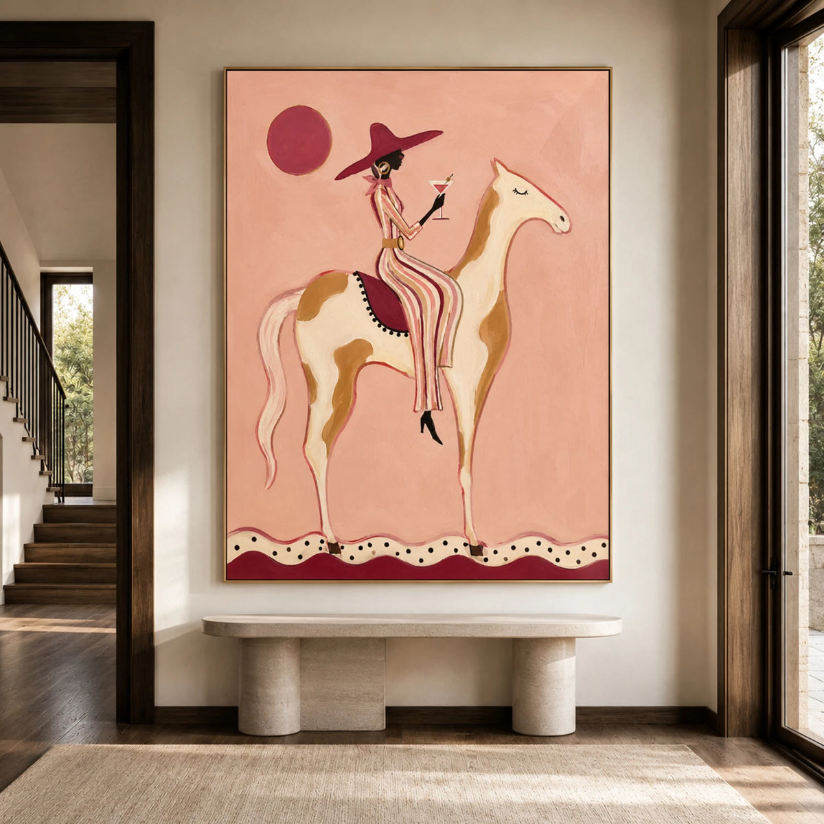 Vintage Americana Art｜Pink Sunset Horse Rider