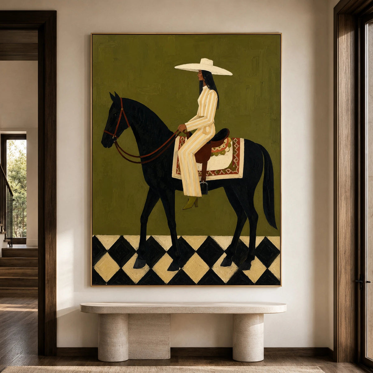 Vintage Americana Art｜Elegant Rider on Black Horse
