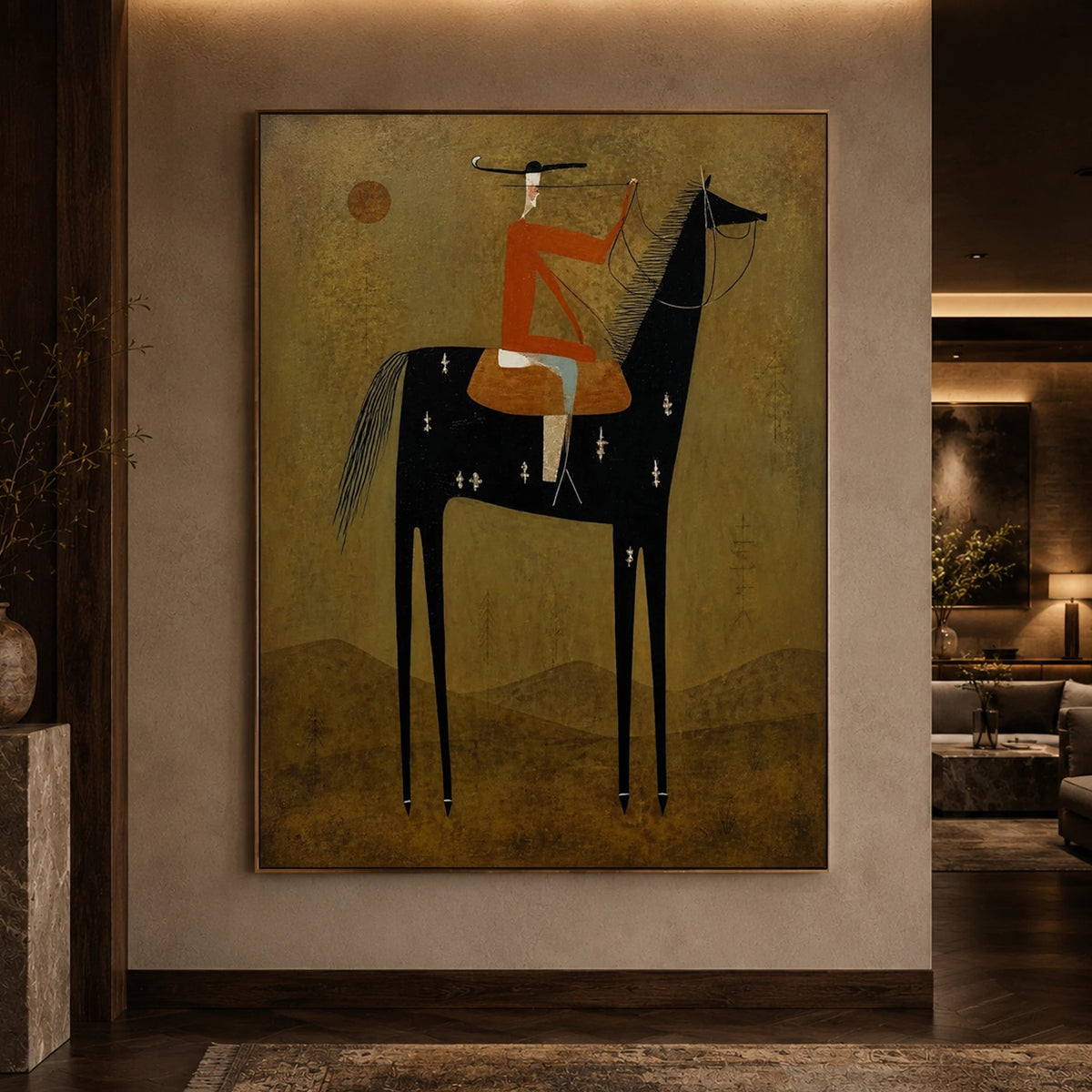 Vintage Americana Art｜Rust Rider on Black Horse
