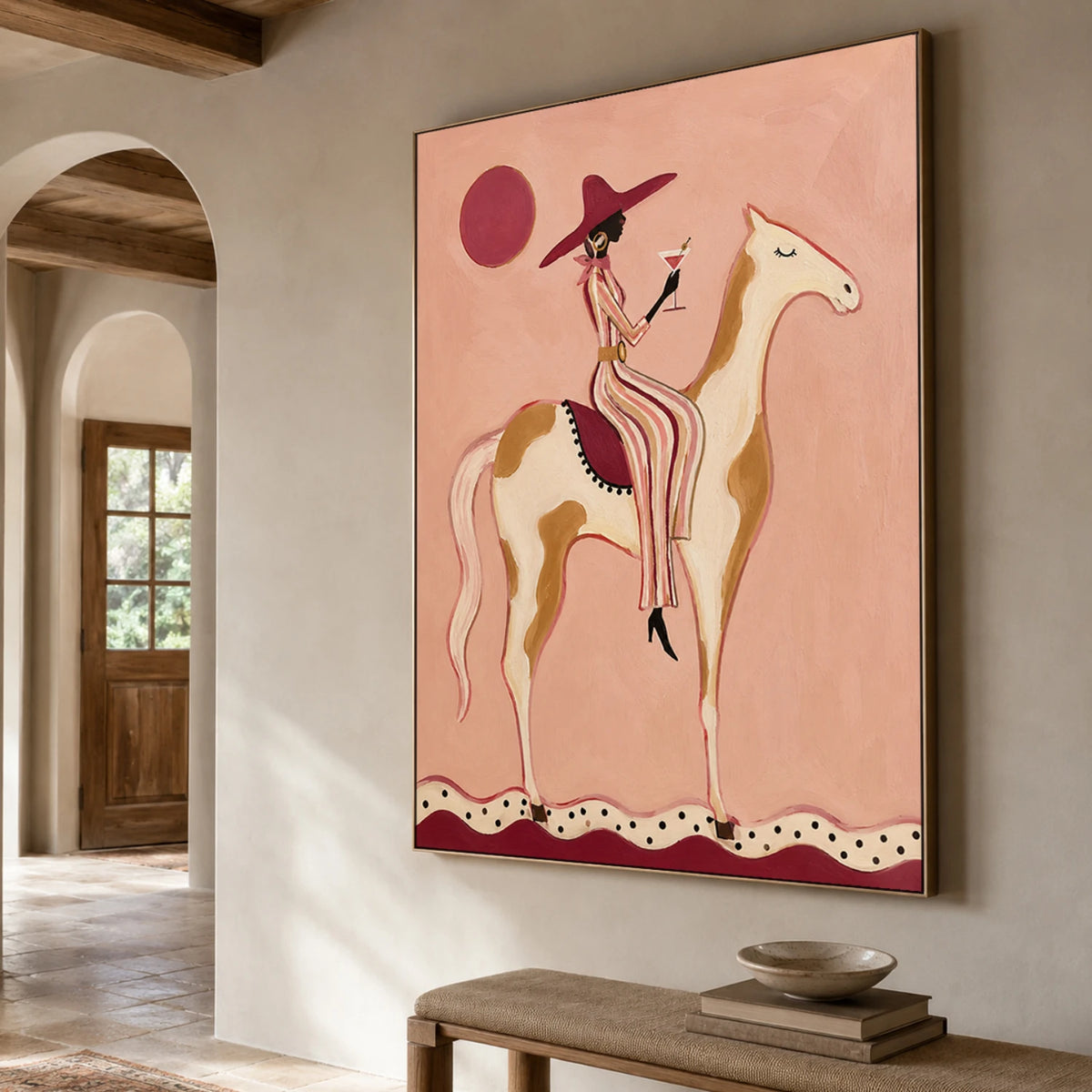 Vintage Americana Art｜Pink Sunset Horse Rider