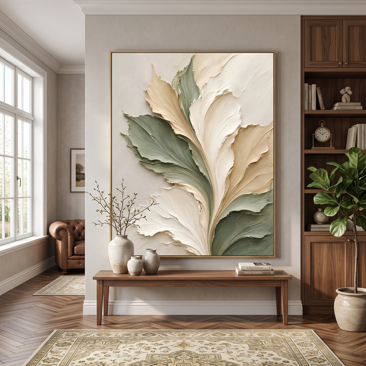 Textured & Impasto Art｜Sage Ivory Blossom