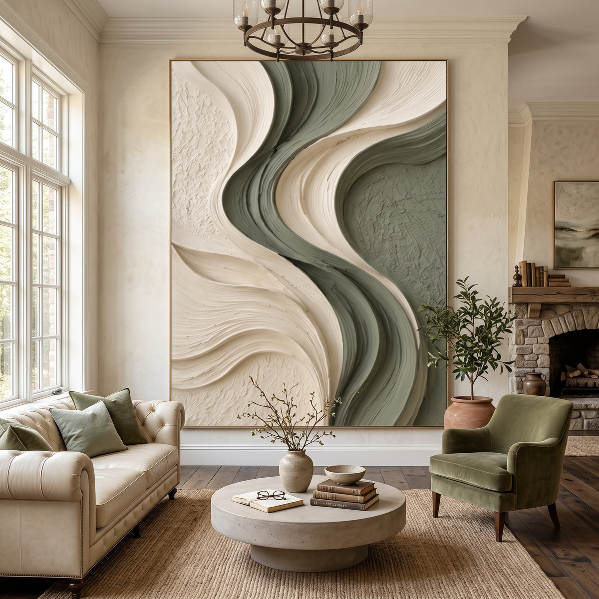 Textured & Impasto Art｜Sage Ivory Flow