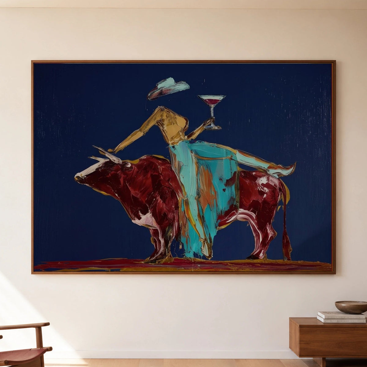 Western Pop Art｜Burgundy Bull & Cowgirl Spirit
