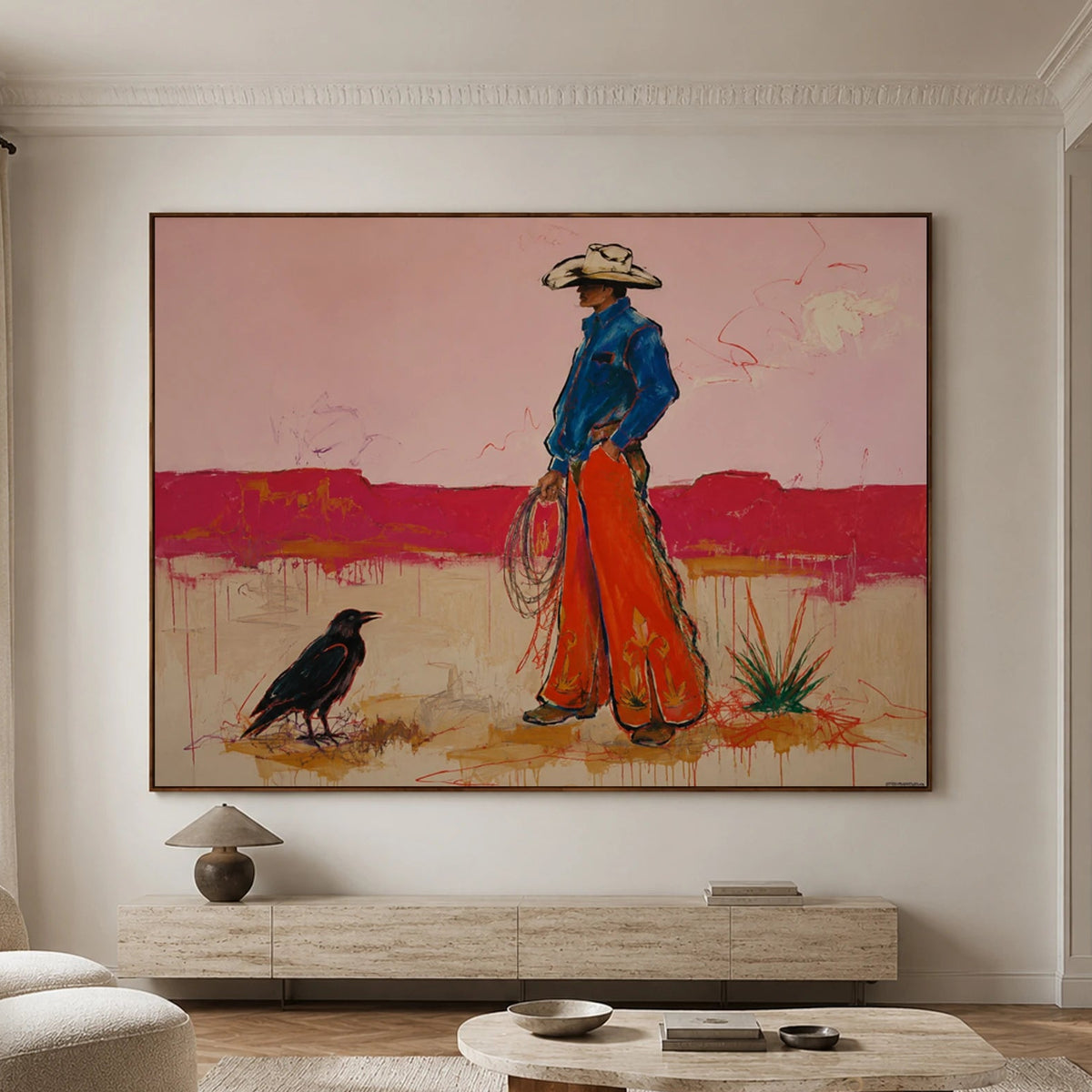 Western Pop Art｜Cowboy & Crow in Desert Bloom