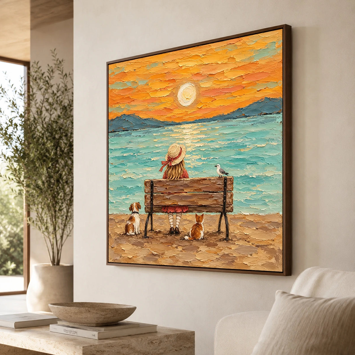 Modern Folk Art｜Sunset by the Sea with Animal Friends