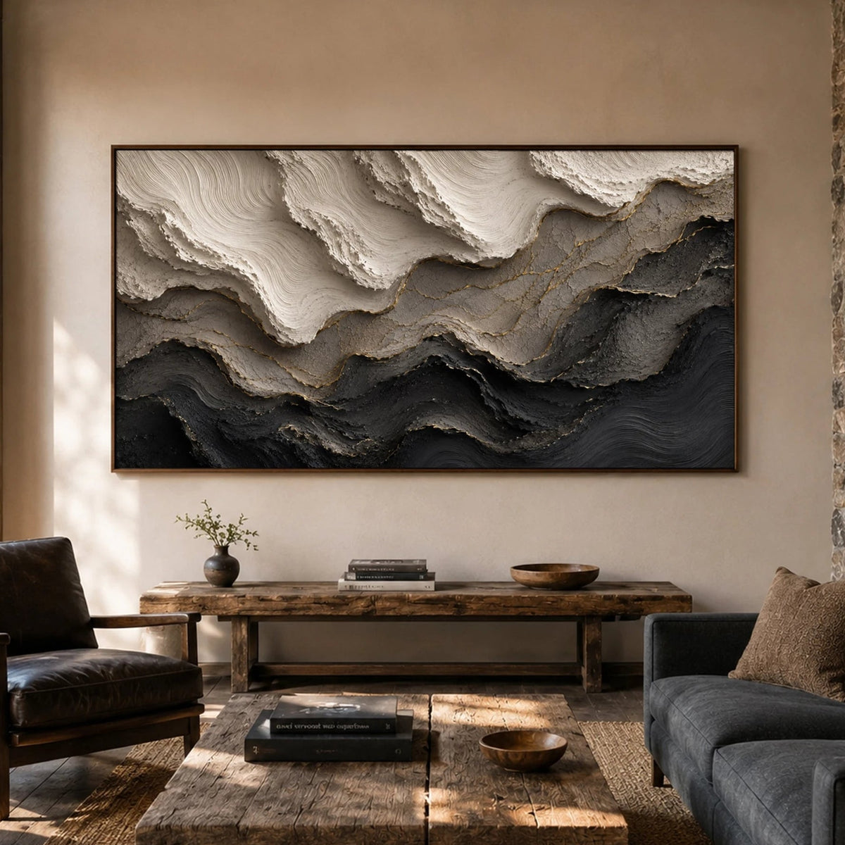 Textured & Impasto Art｜Gilded Charcoal Tides
