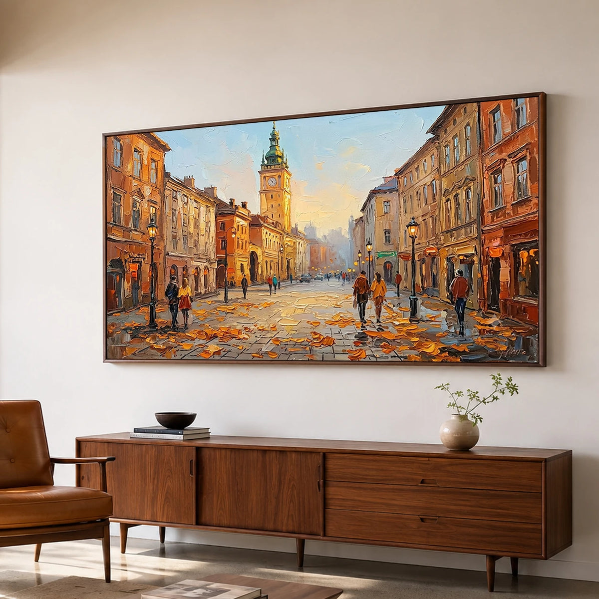 Amber City Stroll - oblique side view - textured impasto artwork