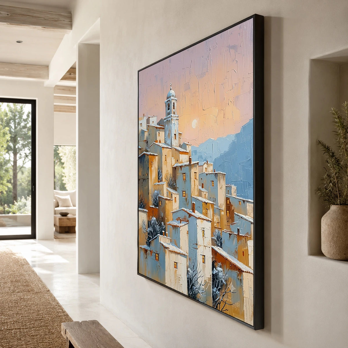Apricot Village Evening - oblique side view - textured impasto artwork