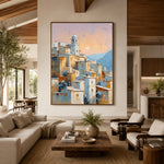 Apricot Village Evening - living room - textured impasto artwork
