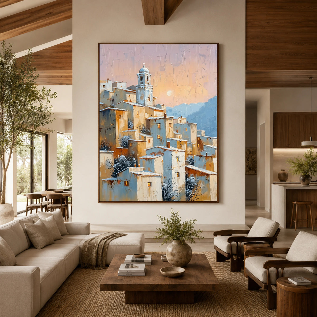 Apricot Village Evening - living room - textured impasto artwork