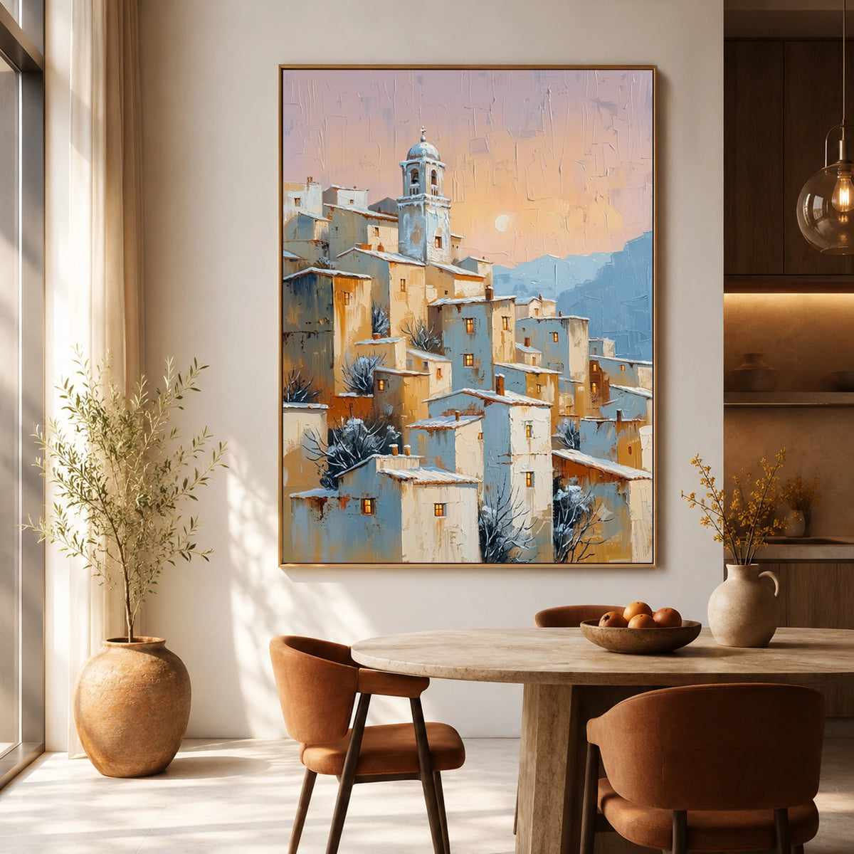 Apricot Village Evening - dining room - textured impasto artwork