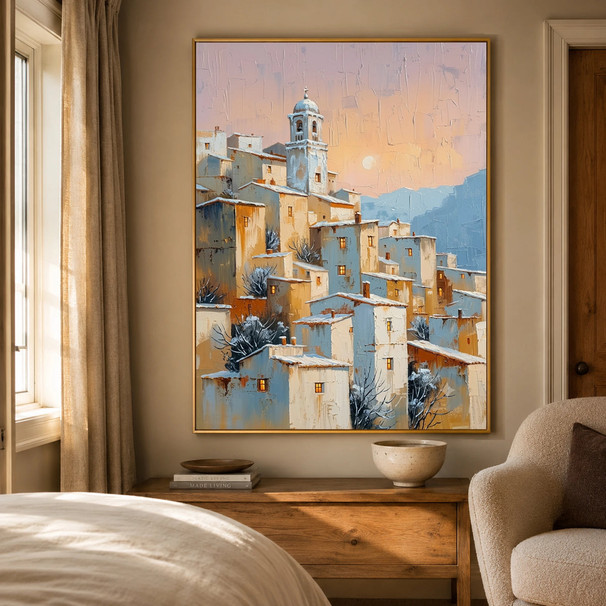 Apricot Village Evening - bedroom - textured impasto artwork