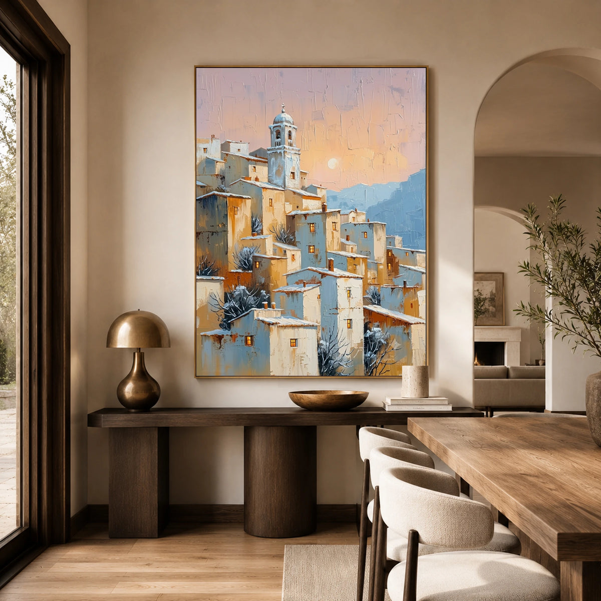 Apricot Village Evening - home office - textured impasto artwork