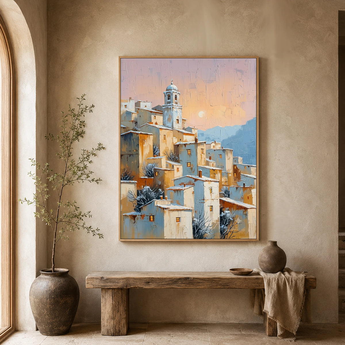 Apricot Village Evening - entryway - textured impasto artwork