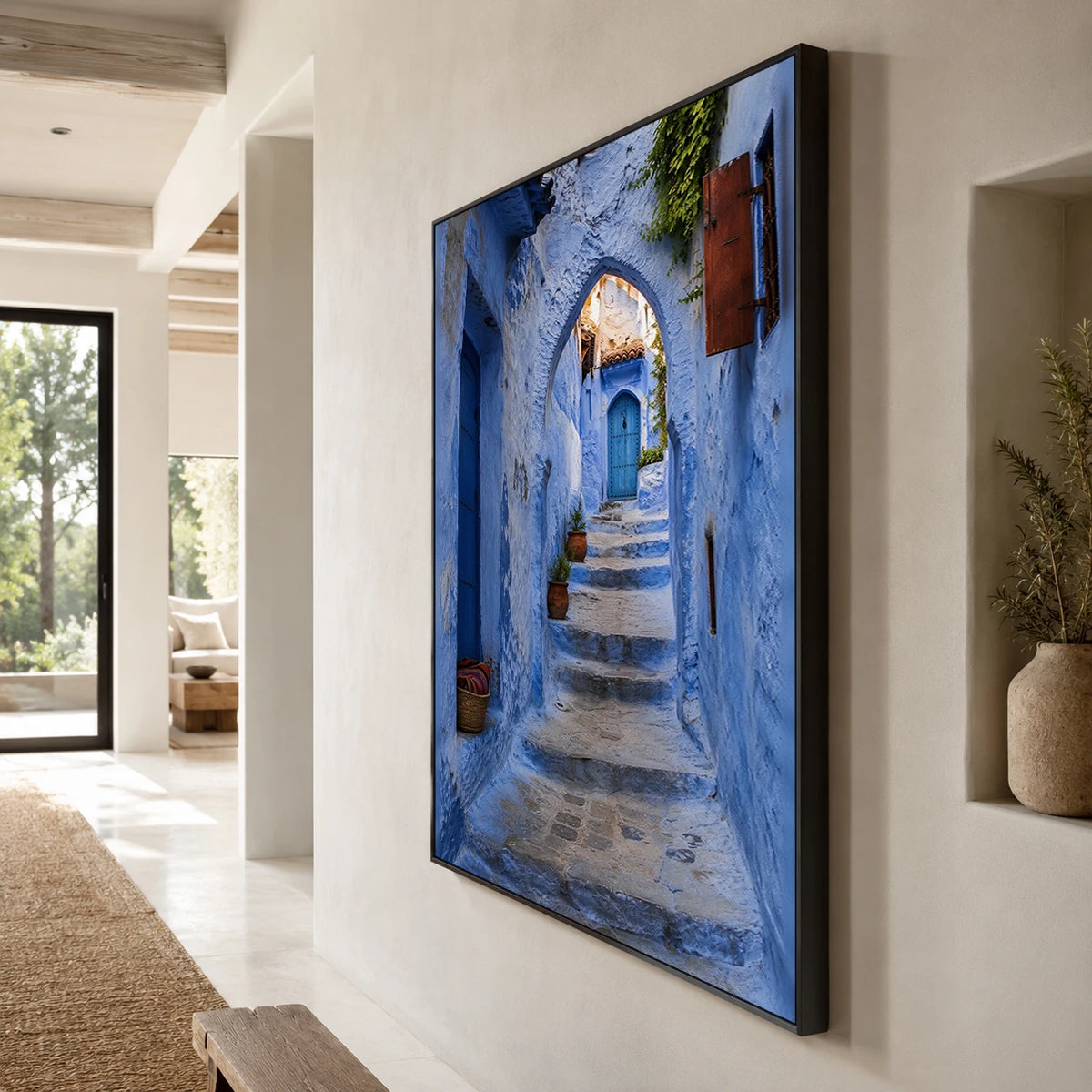 Blue Steps Home - oblique side view - textured impasto artwork