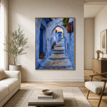 Blue Steps Home - sunlit living room - textured impasto artwork