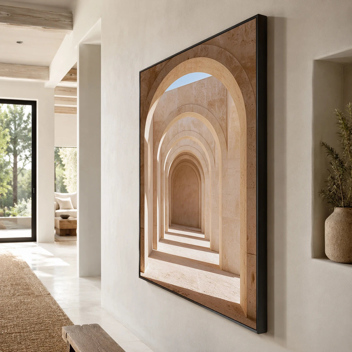 Blush Arcade Stillness - oblique side view - textured impasto artwork