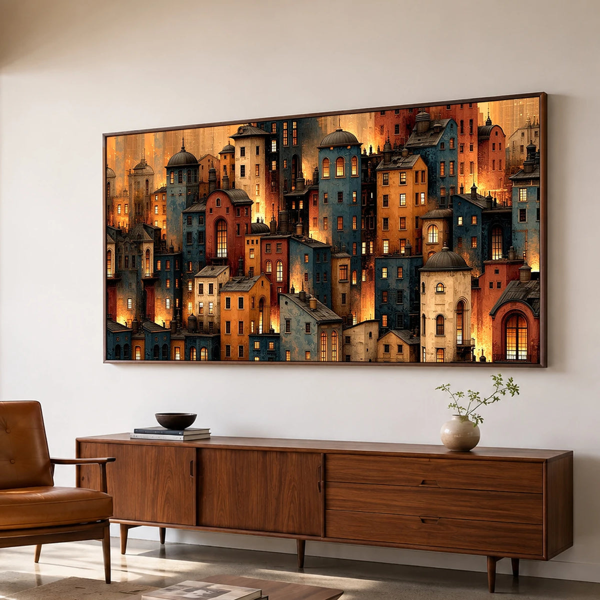 City of Embers - oblique side view - textured impasto artwork