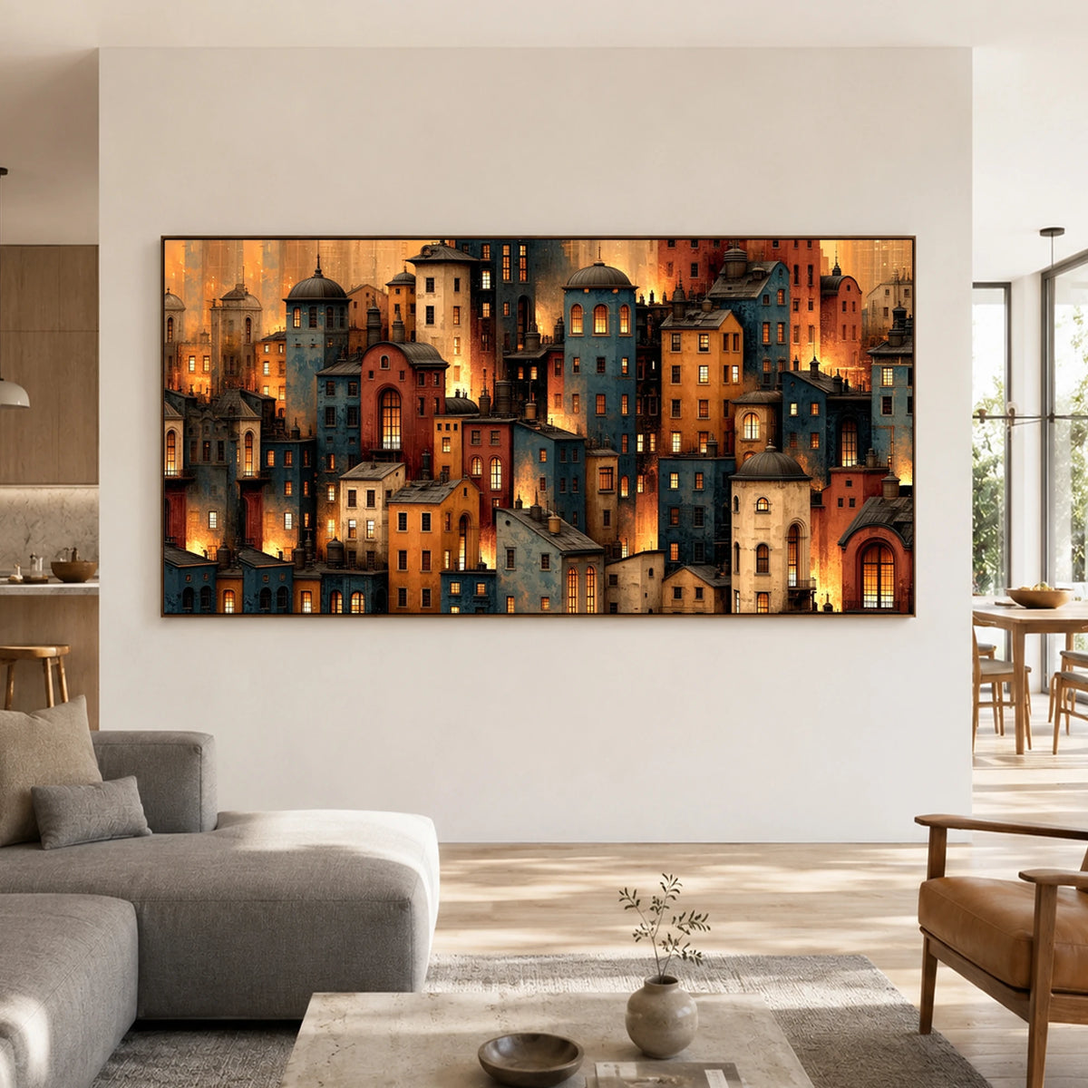 City of Embers - living room - textured impasto artwork