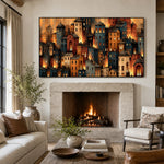 City of Embers - fireplace lounge - textured impasto artwork