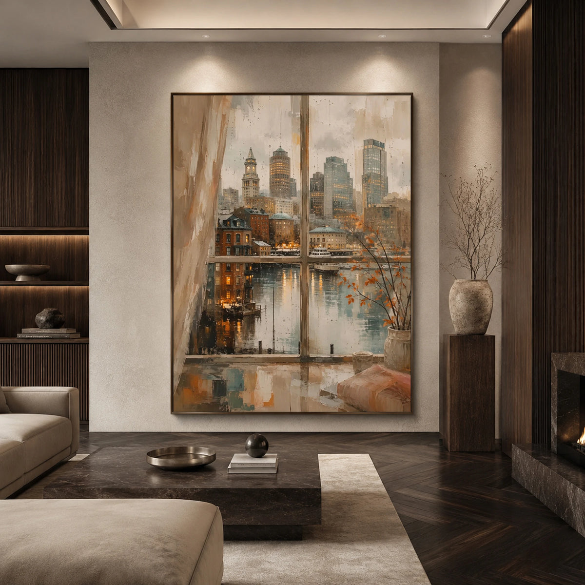 Cityside Reverie - library living room - textured impasto artwork