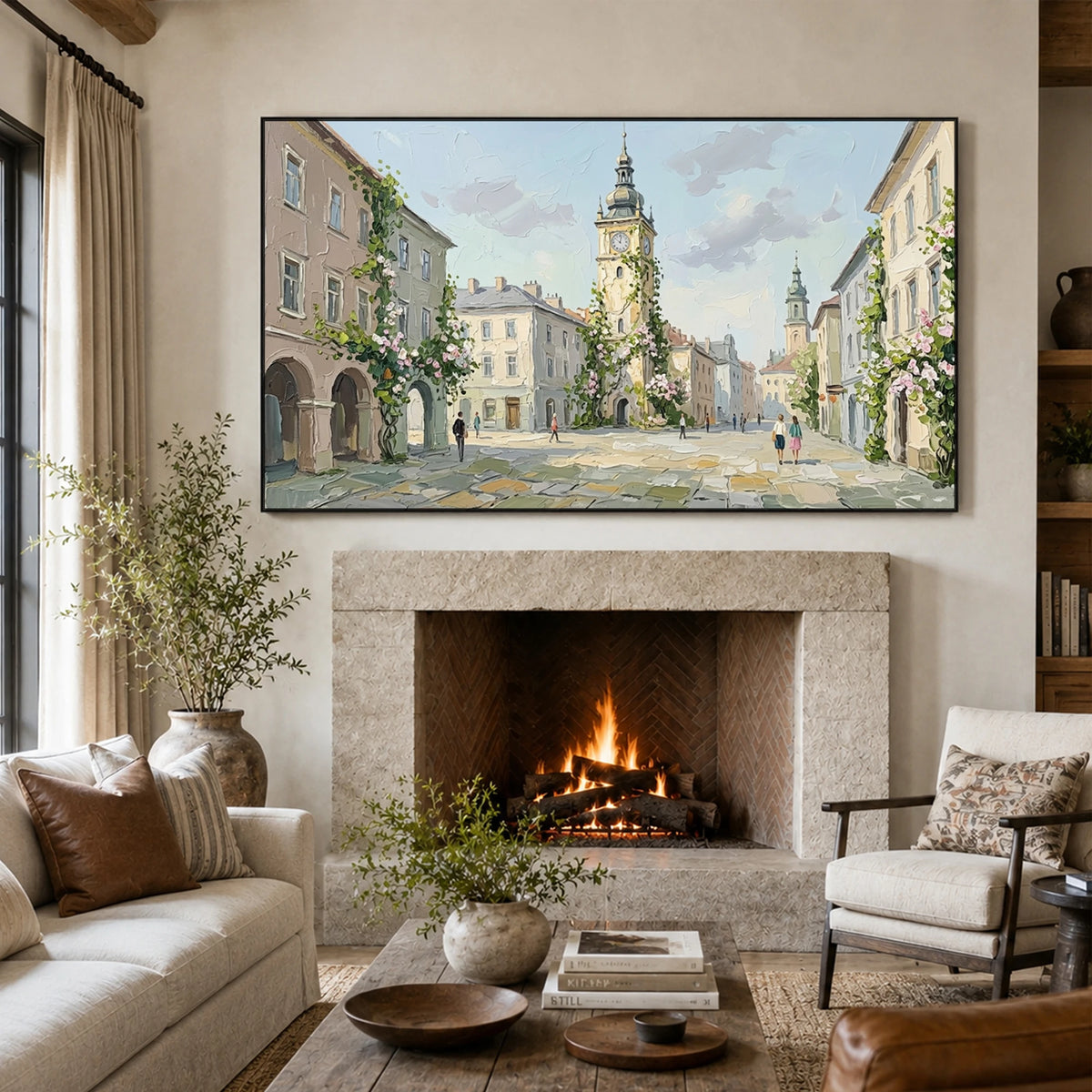 Clocktower Morning - fireplace lounge - textured impasto artwork