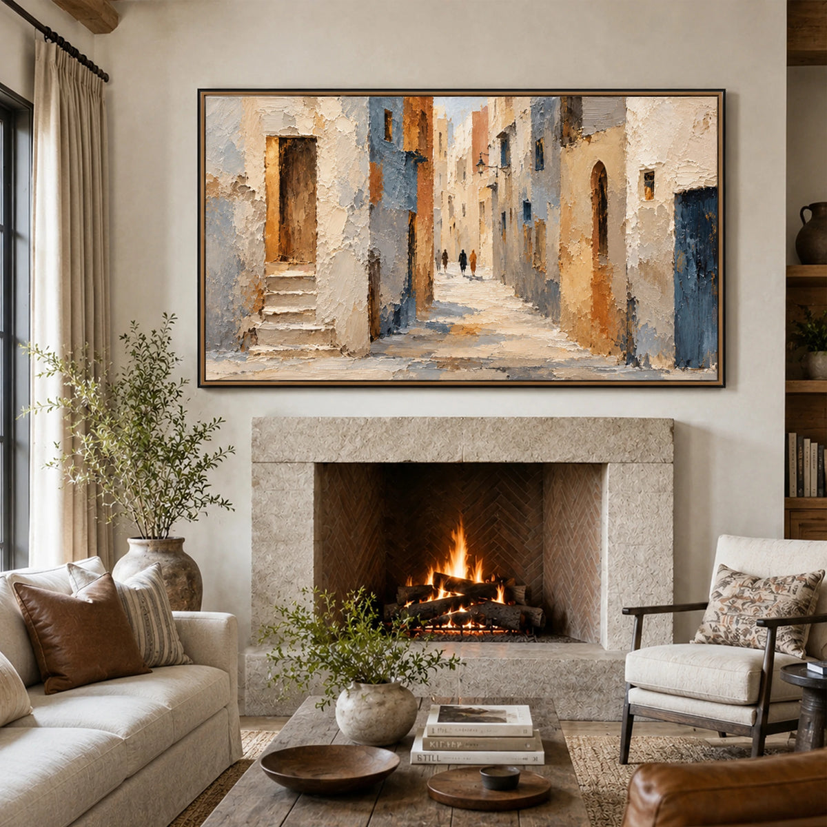 Echoes of Blue - fireplace lounge - textured impasto artwork