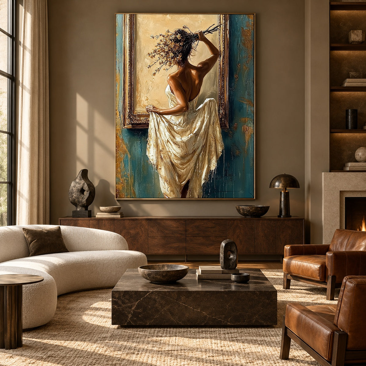 Before the Golden Mirror - front-view living-room hero - expressive contemporary art painting