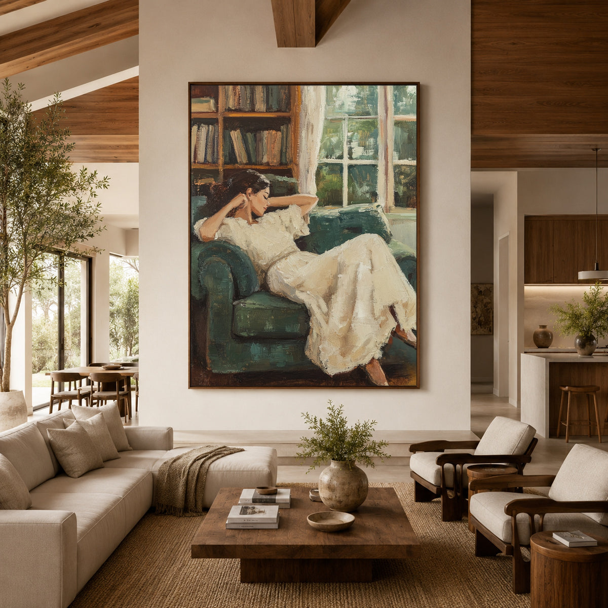 Between Books and Daydreams - front-view living-room hero - expressive contemporary art painting