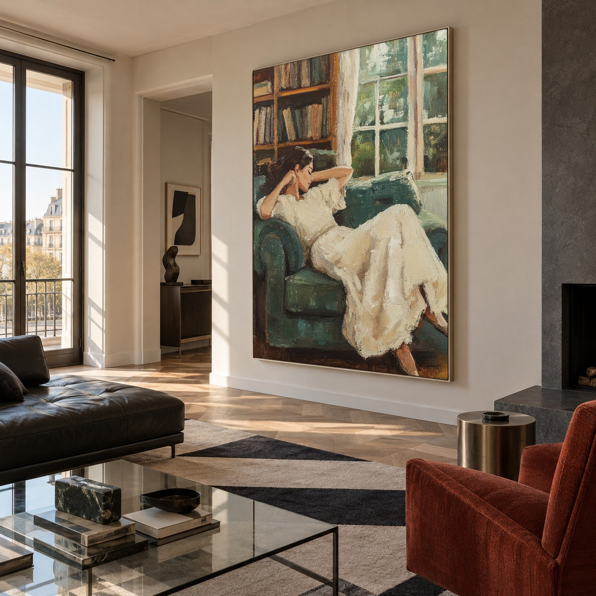 Between Books and Daydreams - oblique view - expressive contemporary art painting