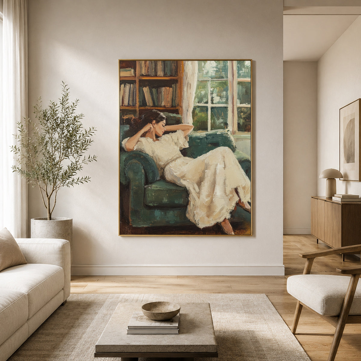 Between Books and Daydreams - interior setting 3 - expressive contemporary art painting