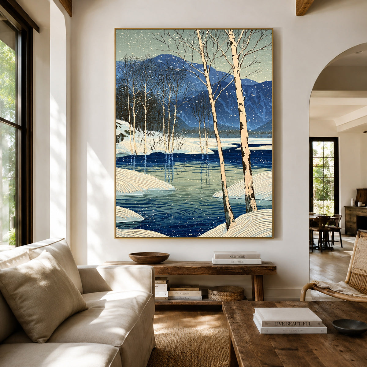 Birches Beside Blue Water - front-view living-room hero - expressive contemporary art painting
