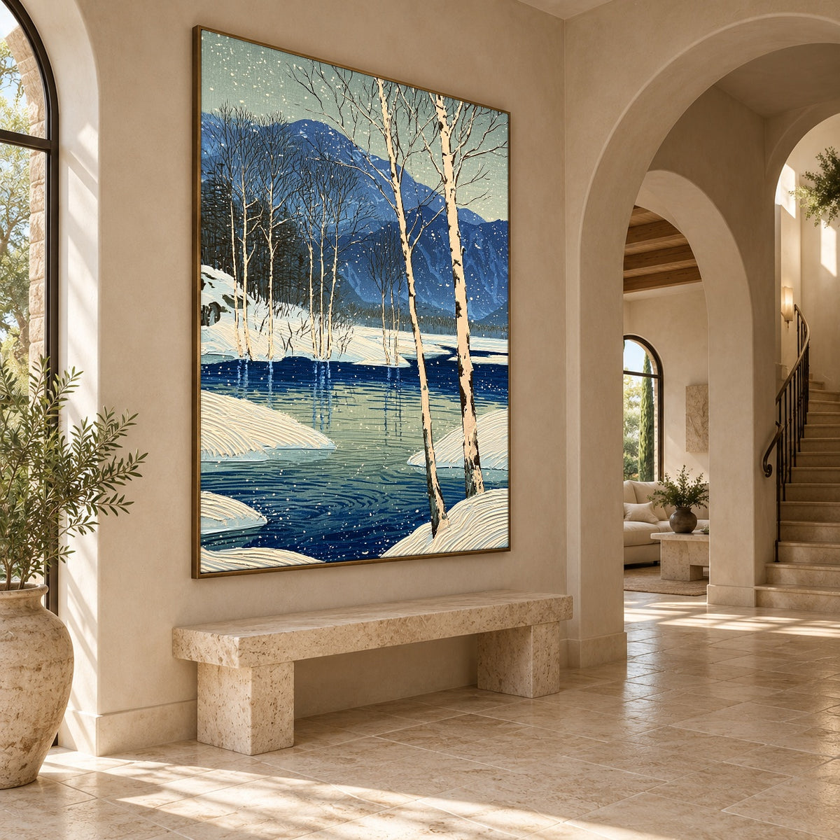Birches Beside Blue Water - oblique view - expressive contemporary art painting