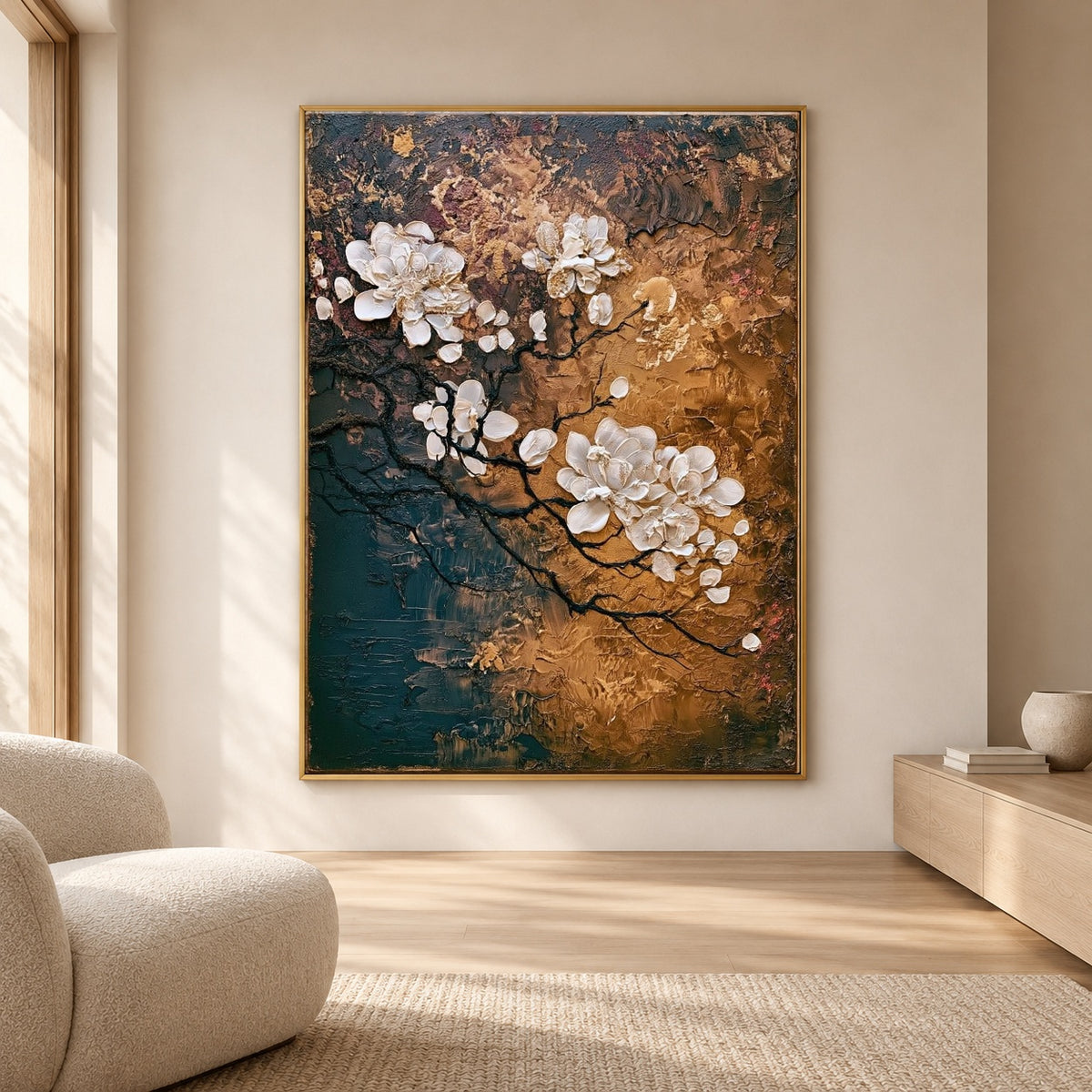 Blossom Branch Copper Sky displayed in a light sitting room