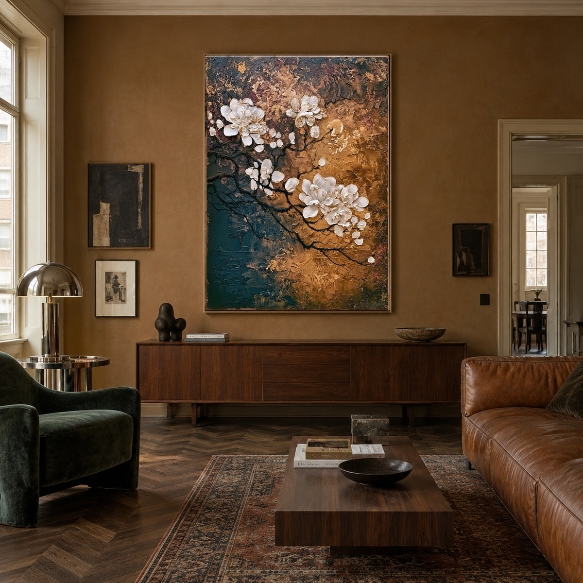 Blossom Branch Copper Sky - interior setting 4 - expressive contemporary art painting