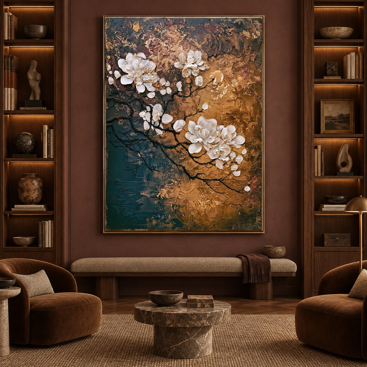 Blossom Branch Copper Sky - interior setting 6 - expressive contemporary art painting