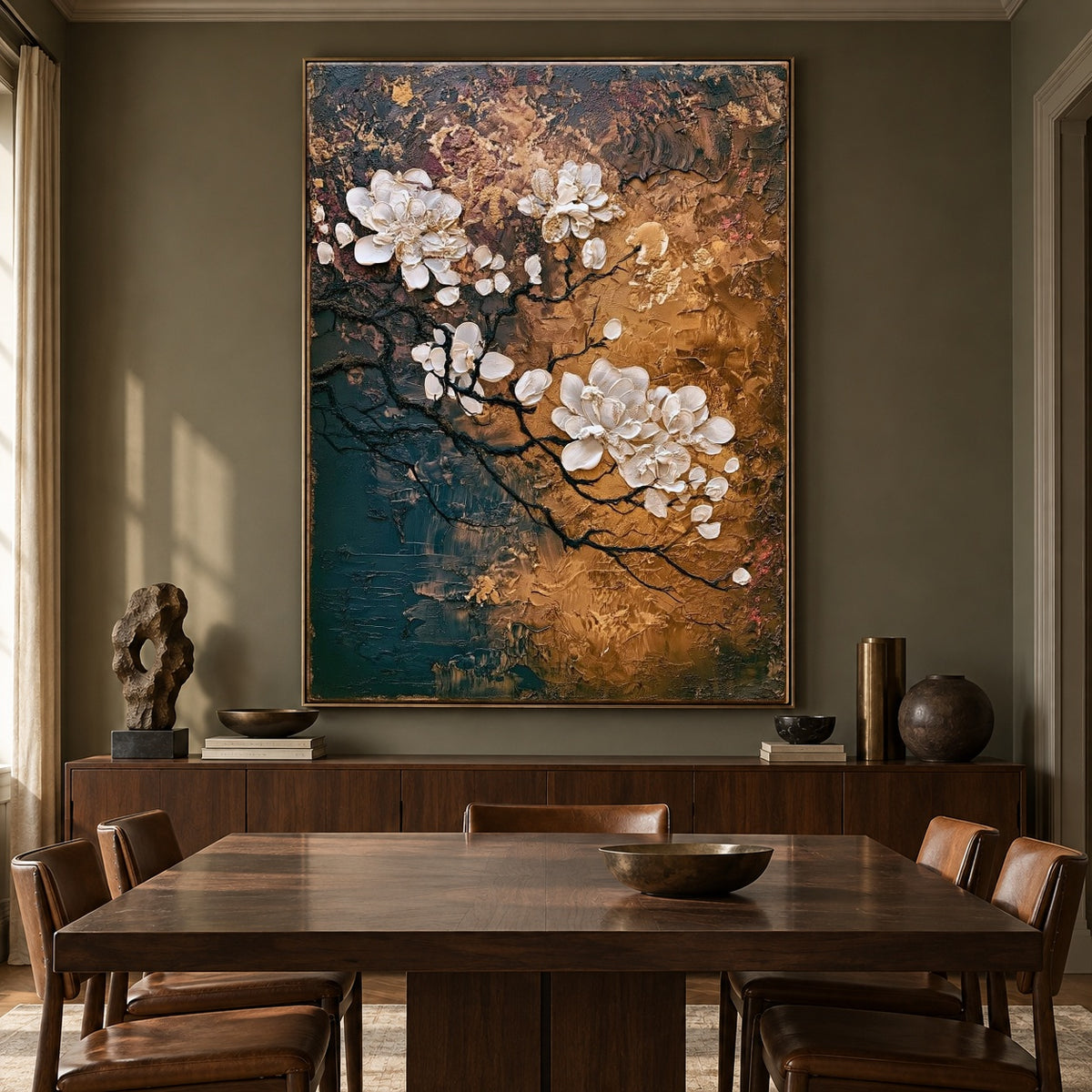 Blossom Branch Copper Sky - interior setting 7 - expressive contemporary art painting