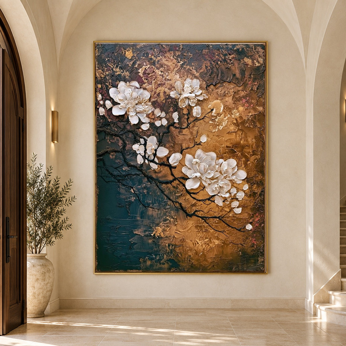 Blossom Branch Copper Sky - interior setting 8 - expressive contemporary art painting