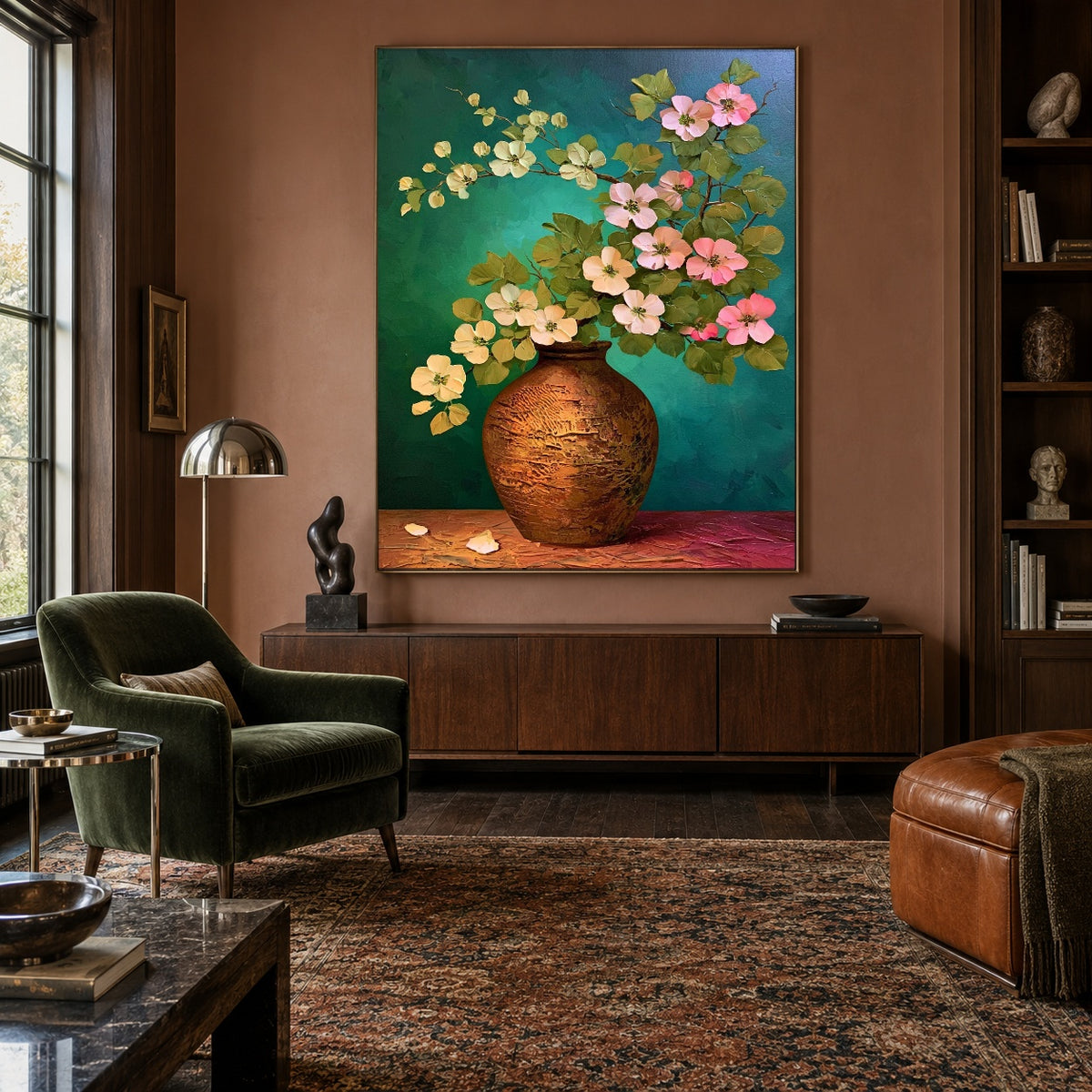 Blossoms over Turquoise - front-view living-room hero - expressive contemporary art painting