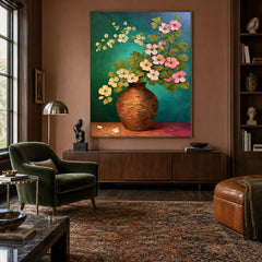 Blossoms over Turquoise - front-view living-room hero - expressive contemporary art painting