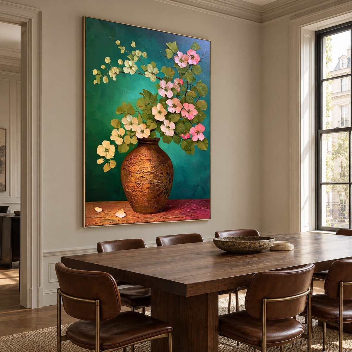 Blossoms over Turquoise - oblique view - expressive contemporary art painting