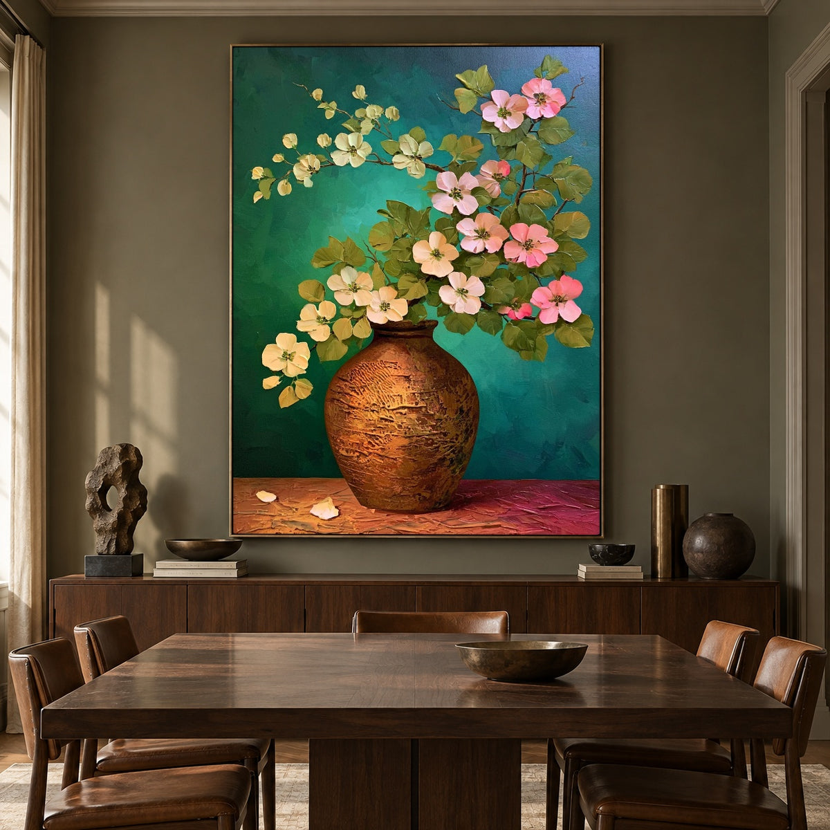 Blossoms over Turquoise - interior setting 4 - expressive contemporary art painting