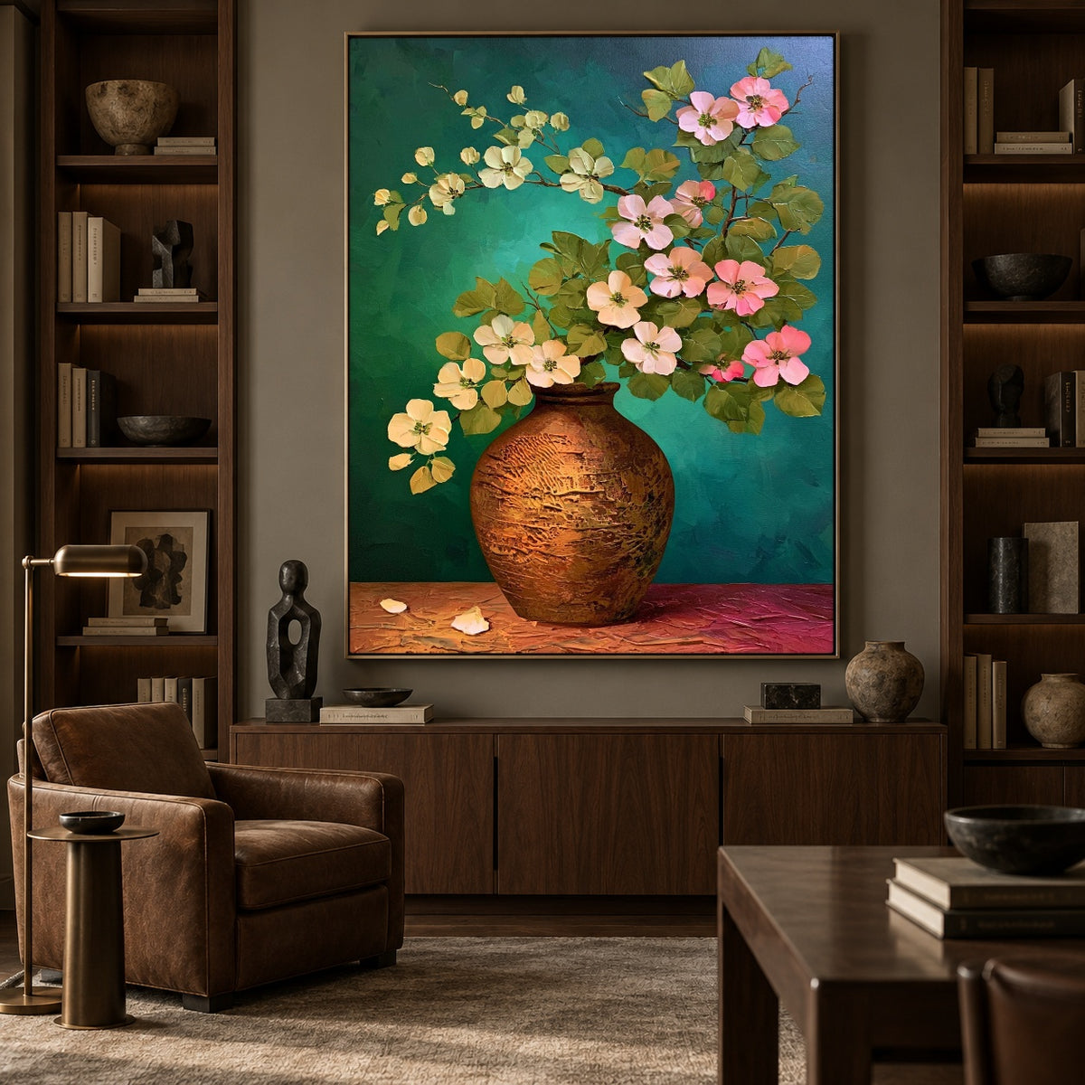 Blossoms over Turquoise - interior setting 5 - expressive contemporary art painting